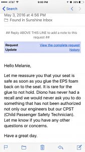 Email from Diono, Car Seat Care